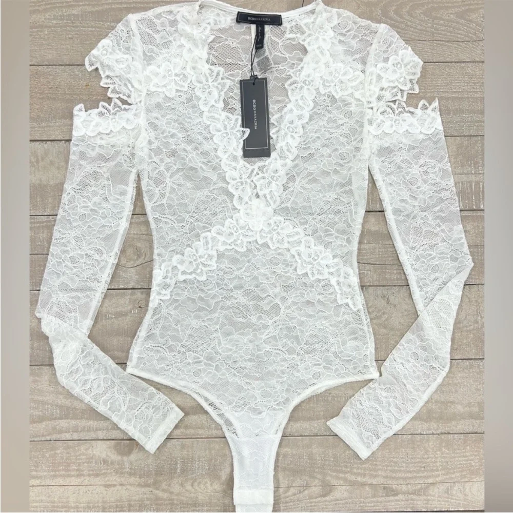 NWT BCBG MAXAZRIA Off-White Lace Cut Out Bodysuit Size XXS - Picture 4 of 11